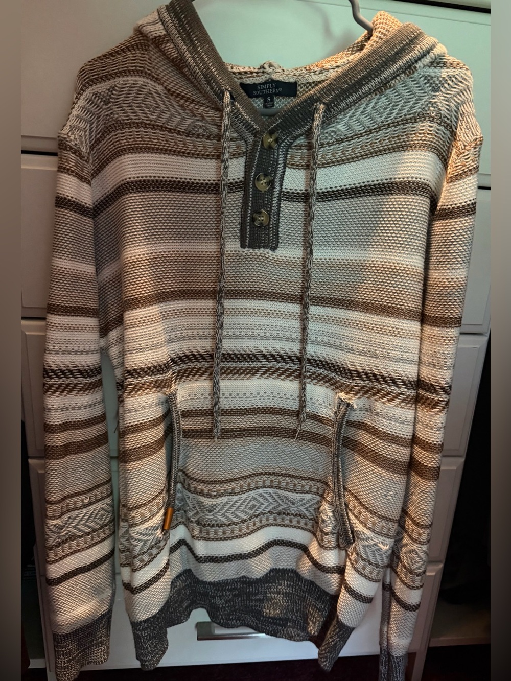 Simply Southern Natural Stripe Hooded Sweater Pullover - Brown & Cream
